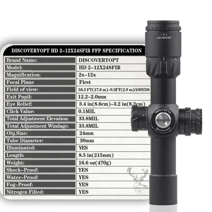 Discovery HD 2-12X24 SFIR First Focal Plane rifle scope MIL 30mm tube (FFP)
