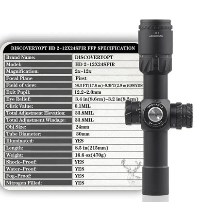 Discovery HD 2-12X24 SFIR First Focal Plane rifle scope MIL 30mm tube (FFP)