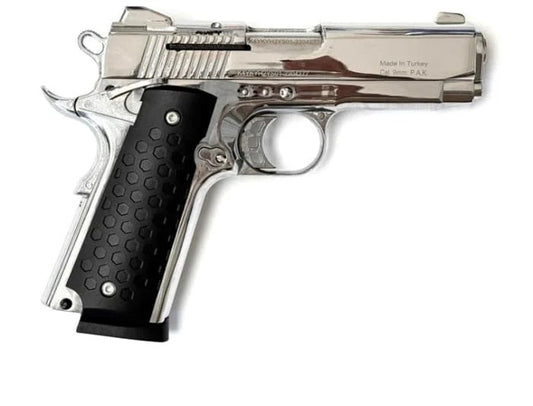 Kuzey 911W SXW 9mm P.A.K Blank Gun - Silver/Black Grip/Silver Trim